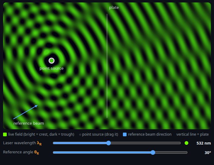 Static preview: the live interference field of a point source and a tilted reference plane wave, with bright and dark bands across the plate.