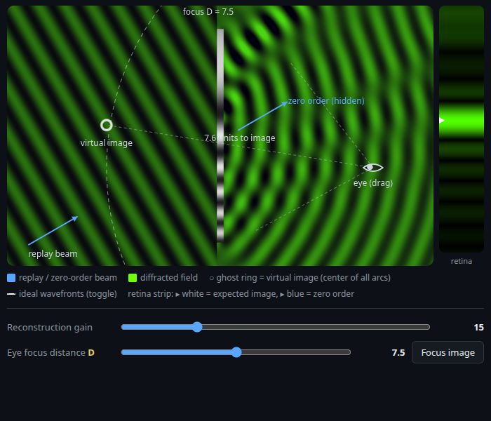 Static preview: the eye and its retina strip focusing on the reconstructed image.